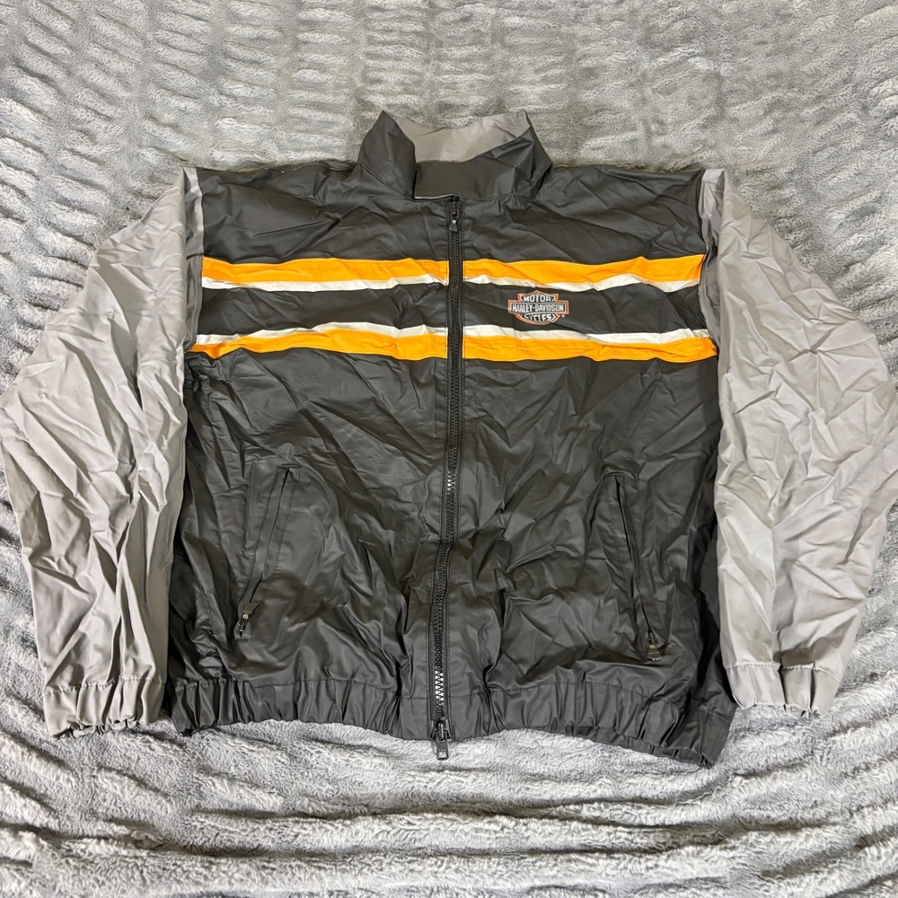 Harley-Davidson Mens Medium PVC Rain Jacket Windbreaker Black Orange AT453